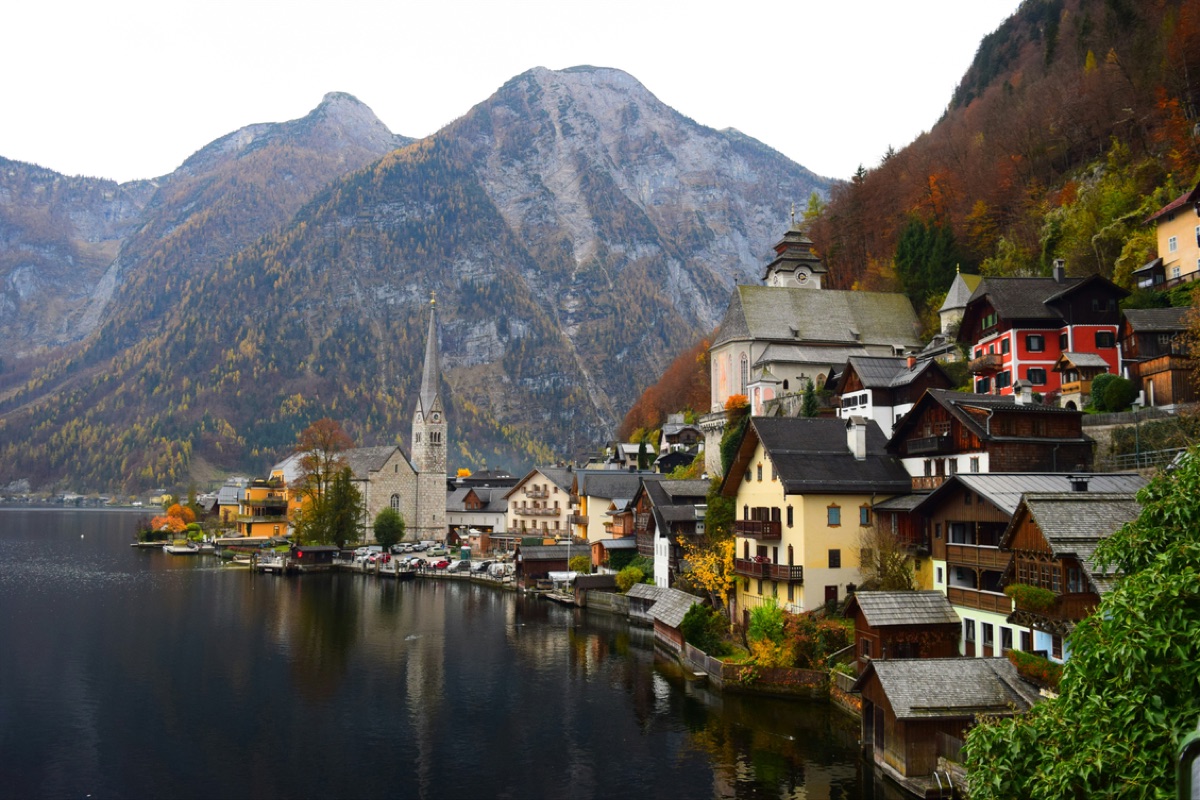 A lakeside village below mountains in central Europe